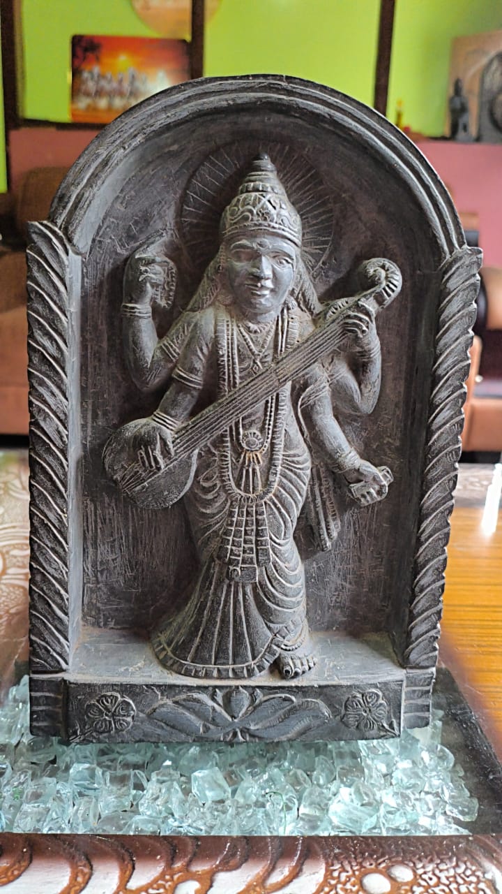Black Stone Goddess Sarasvati Idol Image